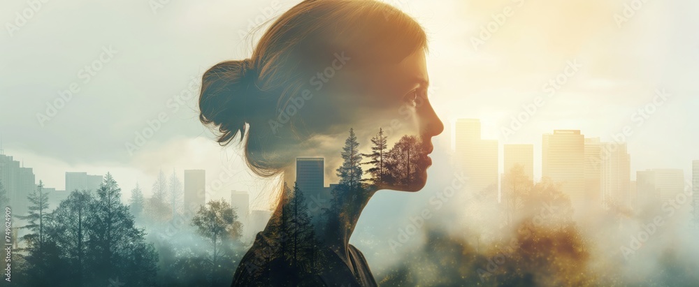 Double exposure portrait of a brunette woman with a backdrop of a lush ...