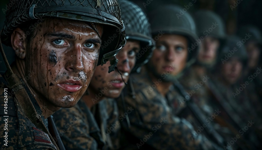 Photo of World War II marines, WWII, soldiers, war scene, soldiers fighting in war, a group of soldiers during second world war, camaraderie, soldier in combat