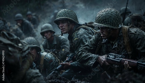 Photo of World War II marines, WWII, soldiers, war scene, soldiers fighting in war, a group of soldiers during second world war, camaraderie, soldier in combat
