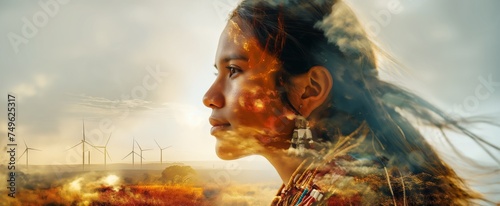 A Native American woman's profile is poetically merged with a windswept prairie, symbolizing a deep connection to heritage and land.