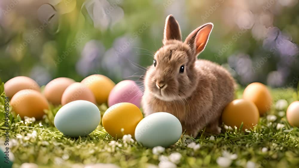 A rabbit seen amidst a circle of eggs on the grassy ground A rabbit seen amidst a circle of eggs on the grassy ground