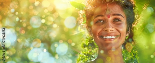 Radiant Indian woman smiling among a blaze of wildflowers, captured in a sun-kissed double exposure.