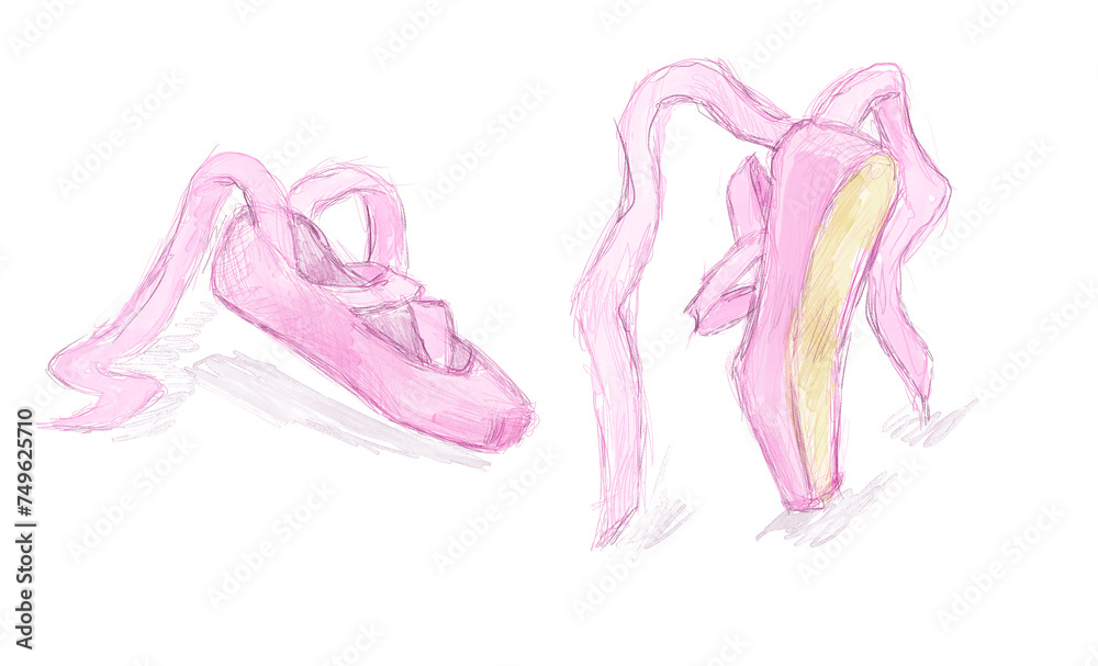 Ilustración digital de zapatillas de ballet clásico color rosa claro en acuarela, dibujo ornamental de bailarina - obrazy, fototapety, plakaty 