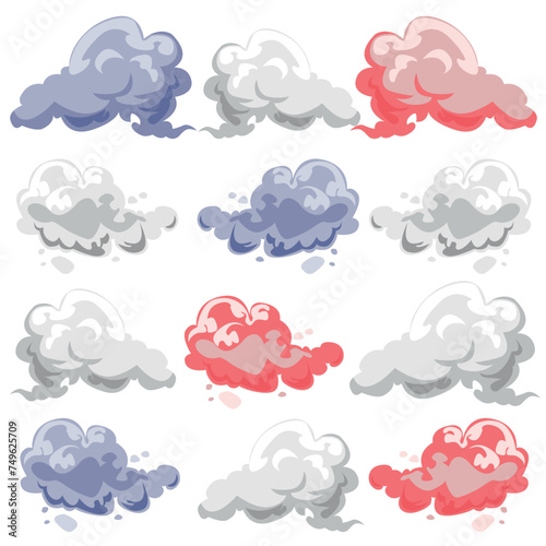 Vector illustration of a set of pink, blue and gray clouds.