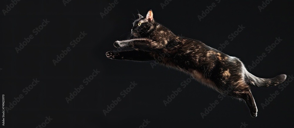 A black and white cat is captured mid-air, jumping high with agility and grace. Its body is stretched out as it prepares to land after the leap, showcasing its speed and athleticism.