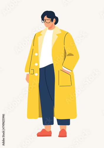 Flat Character, minimalist vector illustration, stylized illustration of a person wearing trendy a yellow coat, dark pants, red shoes, and glasses against a light background