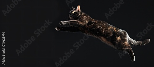 A black and white cat is captured mid-air, jumping high with agility and grace. Its body is stretched out as it prepares to land after the leap, showcasing its speed and athleticism. © TheWaterMeloonProjec