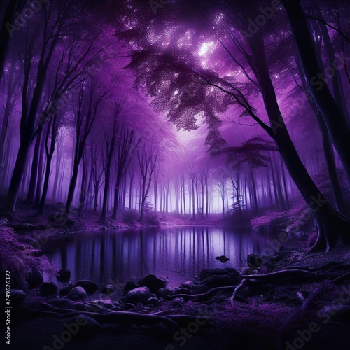 A magical  dark purple forest surrounding a serene lake