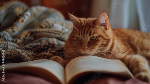 Focused ginger cat reading a book. Intellectual animal concept for educational and literary themes