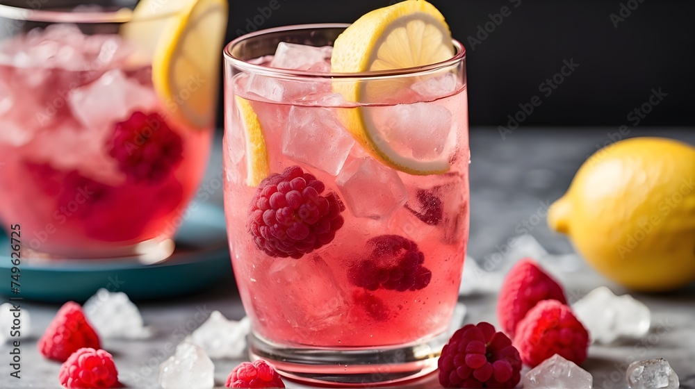 A glass of iced raspberry lemonade with crushed ice and a lemon wedge A glass of iced raspberry lemonade with crushed ice and a lemon wedge