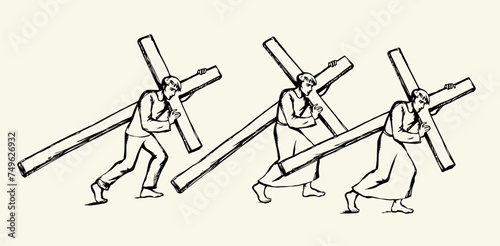 Men carry the cross. Vector drawing