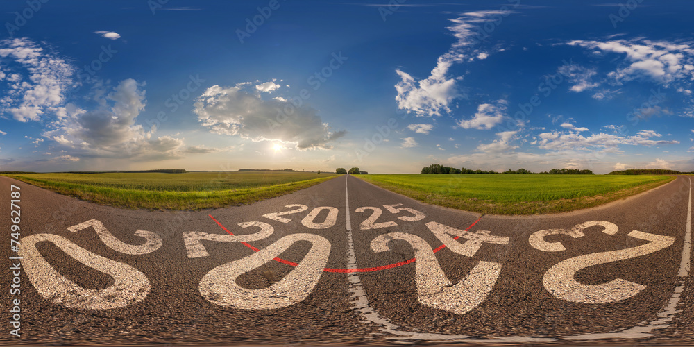 hdri 360 panorama view on asphalt road with numbers 2023, 2024, 2025 ...