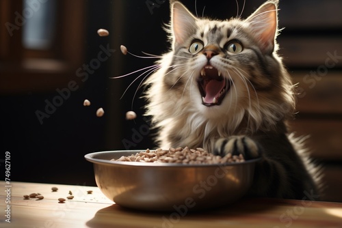 A cat is hungrily eating cat food from a bowl photo