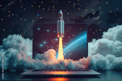 A rocket blasting off from the top of a laptop, illustrating a startup concept