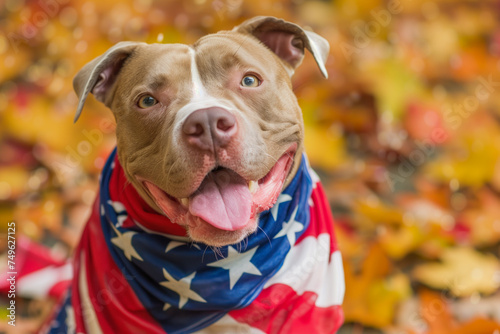 A dog sporting a bandanna with the United States flag pattern around its neck