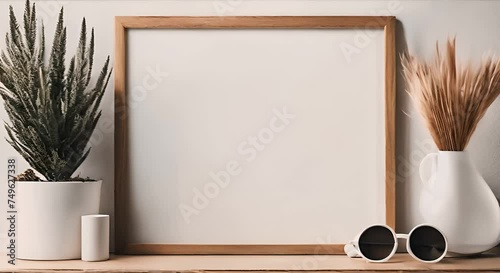 Blank wooden a4 frame mockup interior background, 3d rendering. Blank vertical painting plaque mock up. photo