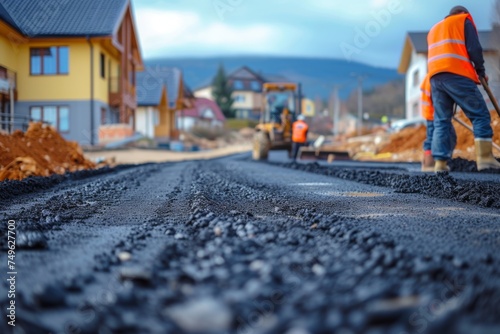 Worker are laying new asphalt road pavement in residential area. New road construction, maintenance, old potholed road rehabilitation, renovation