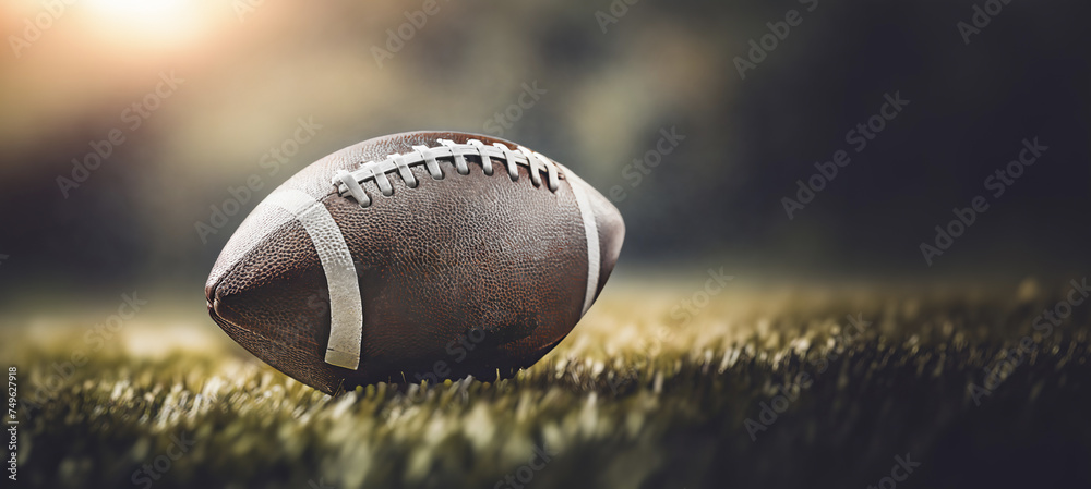American football ball,pigskin or the duke,illuminated on field in dark environment,copy space for text