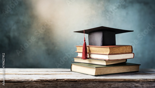 pile of books and mortarboard on wooden surface,against a blurry blackboard copy space for text,school,graduation,success,education,concept image photo