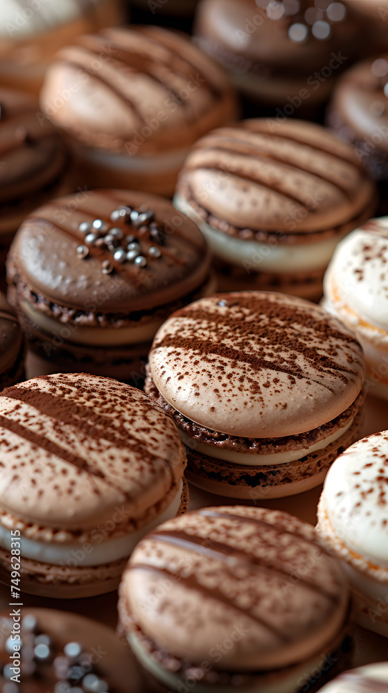 A delicious display of chocolate macarons stacked on a table. These baked goods are a popular dessert in French cuisine, made with ingredients like almond flour and sandwich cookies A delicious display of chocolate macarons stacked on a table. These baked goods are a popular dessert in French cuisine, made with ingredients like almond flour and sandwich cookies