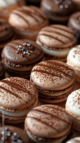 A delicious display of chocolate macarons stacked on a table. These baked goods are a popular dessert in French cuisine, made with ingredients like almond flour and sandwich cookies
