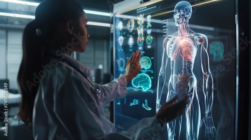 Clinician analyzing holographic anatomy on cutting-edge interface