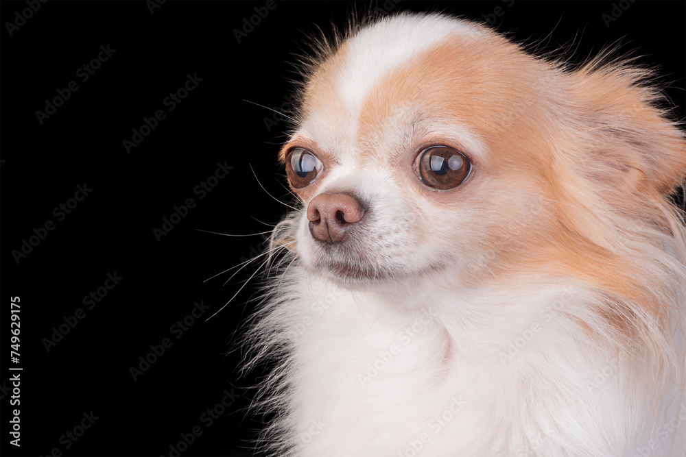 Chihuahua dog in studio on black background. White and red thoroughbred adult dog. Chihuahua dog in studio on black background. White and red thoroughbred adult dog.