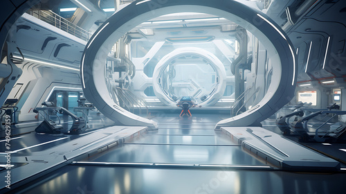 A gym interior for a space station, featuring zero-gravity workouts and futuristic equipment.