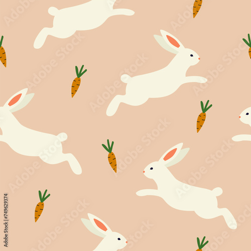 Cute seamless pattern with a bunny and a carrot. White rabbit. Minimalistic print for printing on fabrics. Spring background. Vector illustration. 