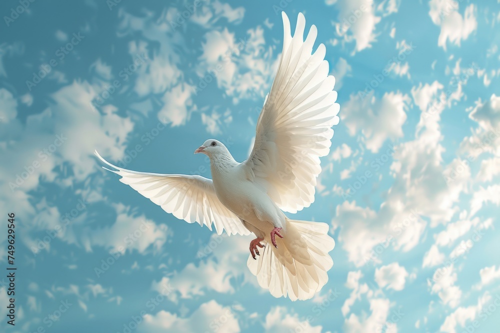 Obraz premium White Bird Soaring Through Blue Cloudy Sky