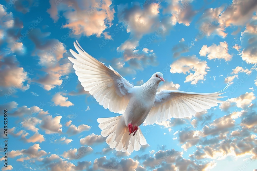 Obraz premium White Bird Soaring in Cloudy Blue Sky