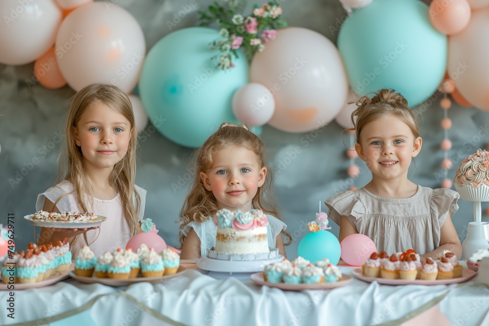Children's birthday. Happy kids with cake and balloons. Children's birthday. Happy kids with cake and balloons.