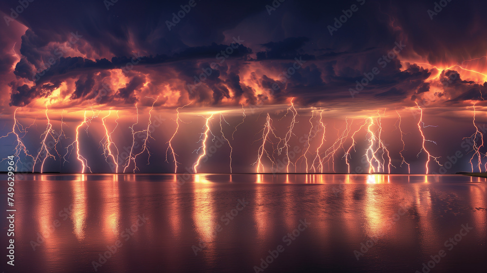 Naklejka premium Multiple lightning strikes illuminating the night sky in a spectacular dance of light and energy
