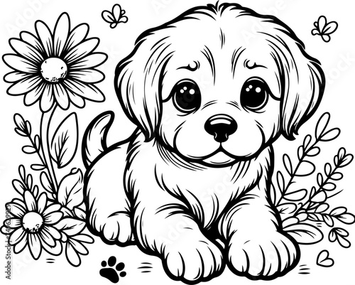 Cute puppy kid black outline cartoon style vector illustration. Coloring book.