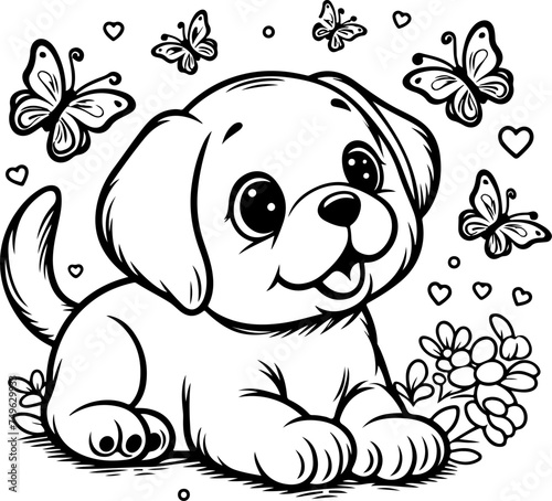 Cute puppy kid black outline cartoon style vector illustration. Coloring book.