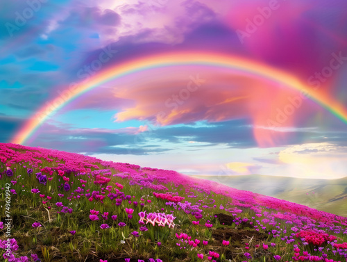A vibrant rainbow arcing over a freshly bloomed field, symbolizing hope and renewal after a spring storm