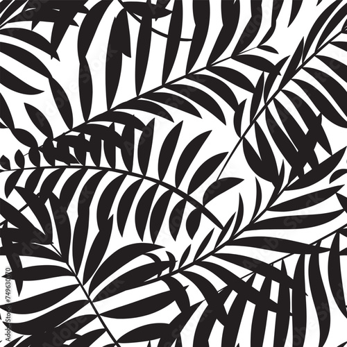Palm leaves silhouette on the white background. Vector seamless pattern with tropical plants.