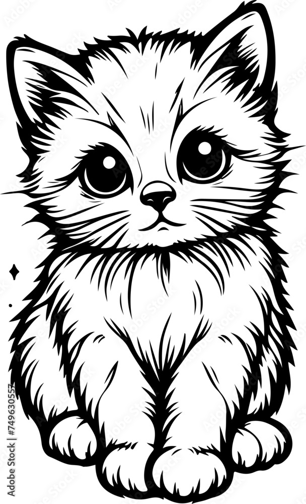 Fototapeta premium Cute little kitten cartoon style black outline vector illustration. Coloring book.