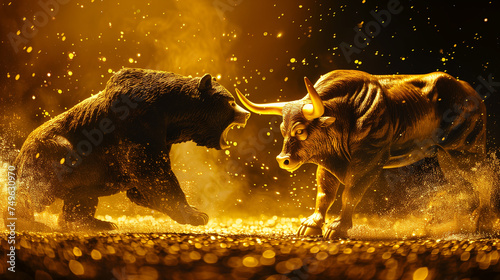 Bear Vs Bull Representing the Financial Market Including Bitcoin or Crypto in Gold and Black Colors Background with Copyspace
