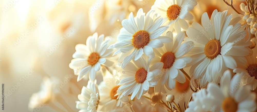 A bunch of white and yellow daisies displayed in a clear glass vase, illuminated by natural light. The daisies are arranged neatly, showcasing their vibrant colors and delicate petals. - obrazy, fototapety, plakaty 