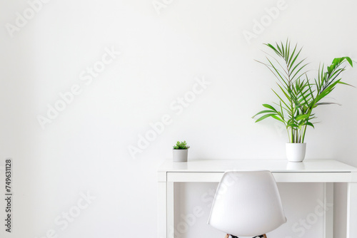 Minimalist Desk Setup with White Chair and Green Houseplants on Clean Background. Home office, copy space