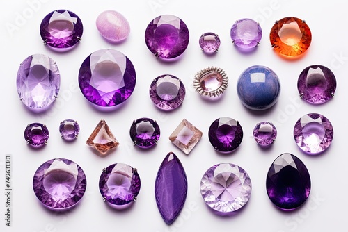 Assorted Beautiful Gemstones on White Background - Top View. Perfect for Business and Bijouterie. Featuring Clear Amethyst with High Clarity and Bright Carat