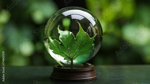 Glass globe resting on green leaf created with generative ai. photo