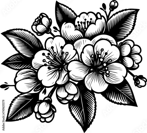 Apple blossom branch black outline vector illustration.