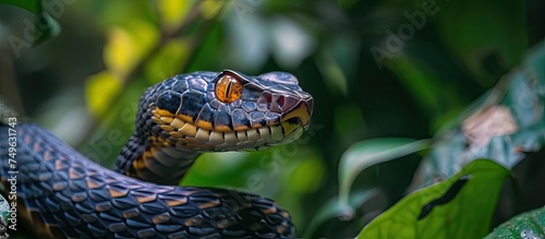 A close-up view of a mesmerizing Malagasy leaf-nosed snake slithering along a tree branch in a lush tropical forest. photo
