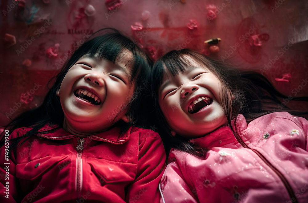 two asian girls laughing happy happy lying on the floor, ai generative two asian girls laughing happy happy lying on the floor, ai generative