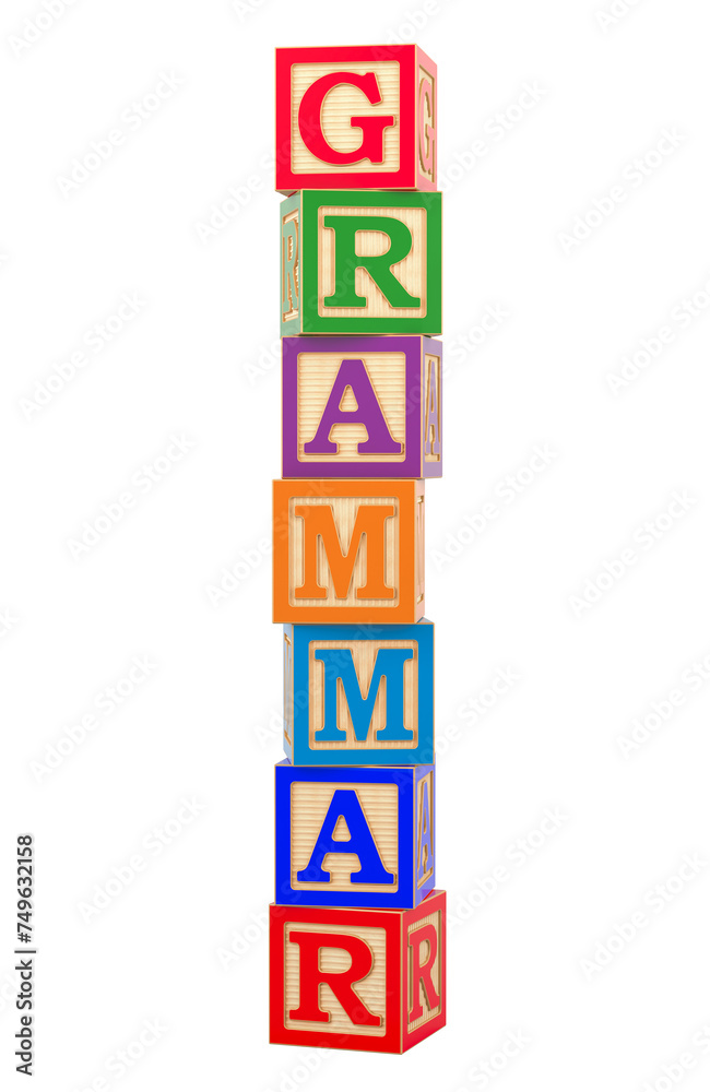 Grammar, concept. Grammar inscription from wooden blocks. 3D rendering isolated on transparent background Grammar, concept. Grammar inscription from wooden blocks. 3D rendering isolated on transparent background