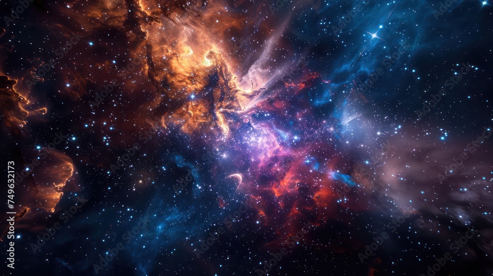 Dramatic cosmic nebula with star clusters and space dust. Celestial galaxy illustration for poster and wallpaper design