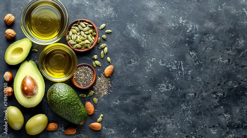 Healthy fats selection with avocado, nuts, seeds, olive oil on wooden background, space for text.