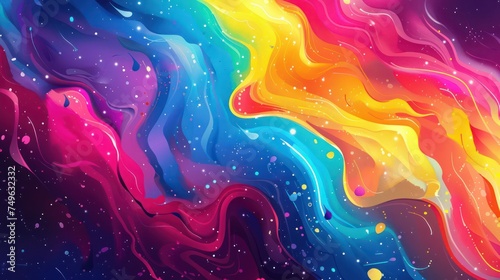 Colorful abstract fluid dynamics with a blend of rainbow colors and starry particles